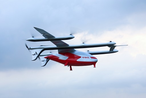 Unmanned eVTOL aircraft carries four canisters to extinguish fires across up to 800 square metres per single pass
