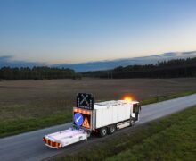 A zero emission Truck Mounted Attenuator (TMA) vehicle is being used for road works protection in Sweden