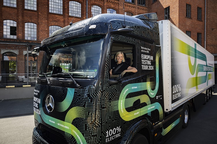 Karin Rådström, CEO Mercedes-Benz Trucks takes the wheel for the eActros 600 European Testing Tour